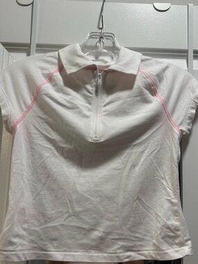 SKIMS White Short Sleeve Zip Polo Tee with Pink Stitching Size S
